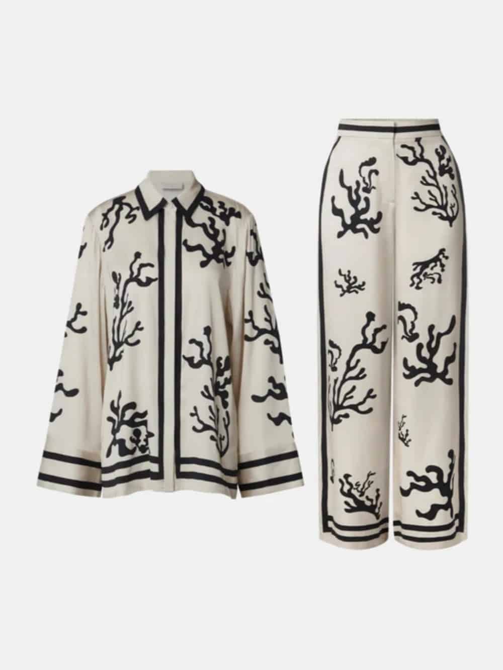 Black Coral Print Wide-Leg Pants