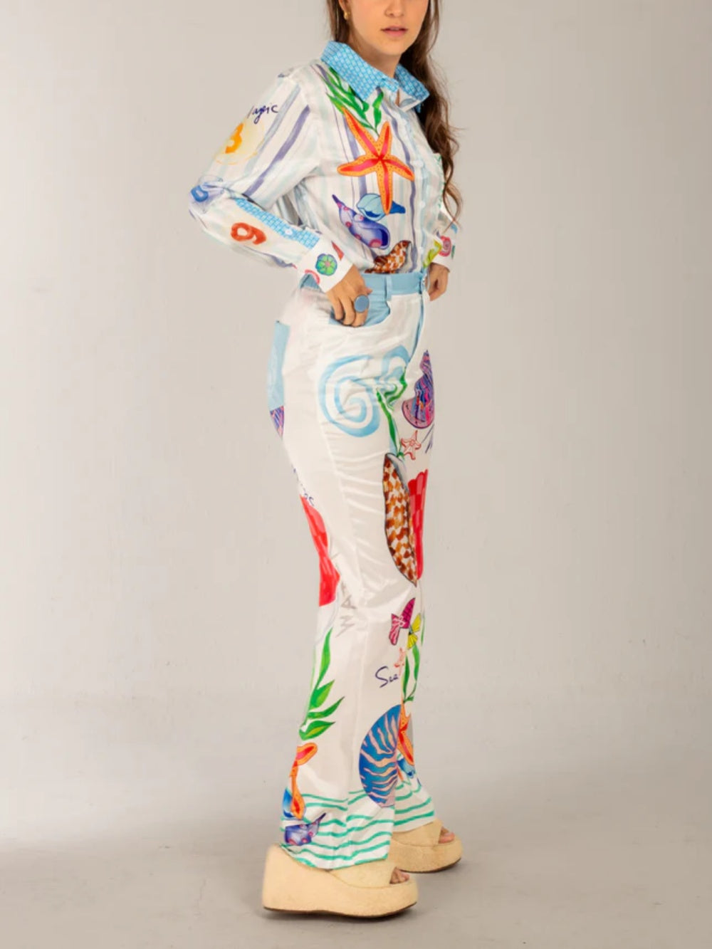 Ocean Print Theme Long Sleeve Collared Shirt