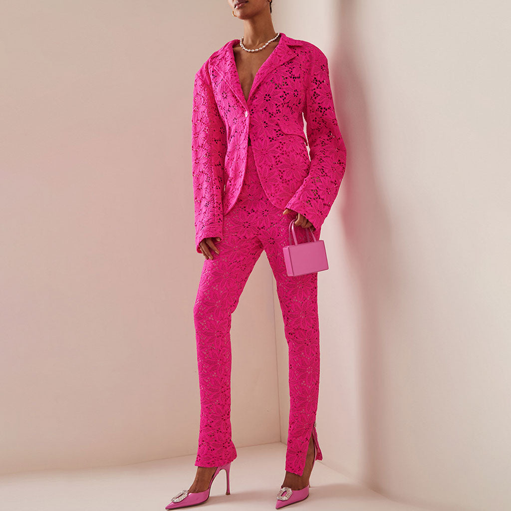 Sheer Floral Lace Single Breasted Tailored Blazer and Slit Zip Design Pants Matching Set
