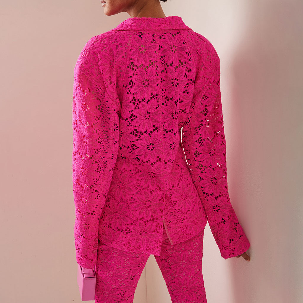 Sheer Floral Lace Single Breasted Tailored Blazer and Slit Zip Design Pants Matching Set