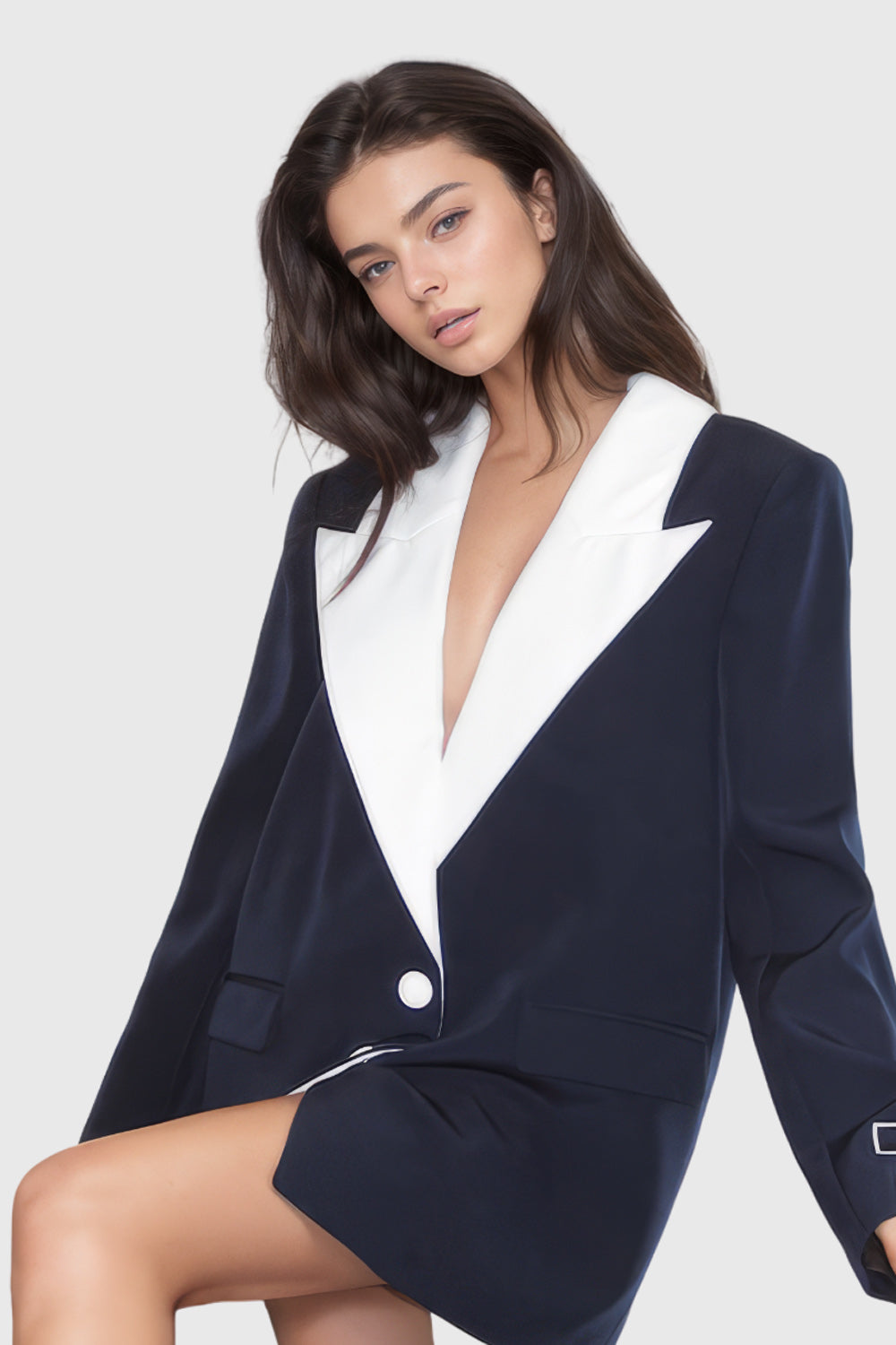 Contrast Oversized Blazer - Navy