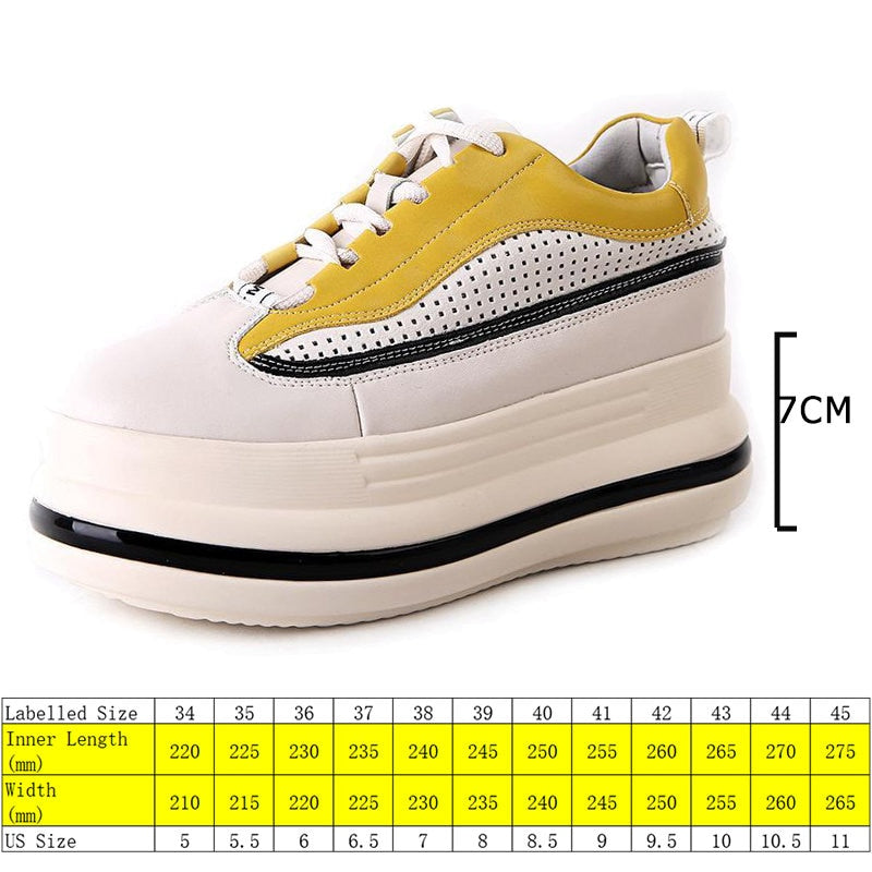 7cm Leather Hollow Platform Wedge Sneakers for Women