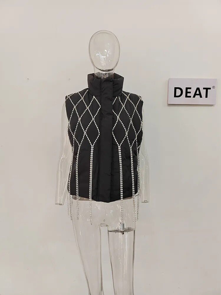 DEAT Fashion Women's Waistcoat Loose Stand Collar Single Breasted Sleeveless Plaid Diamonds Tassel Vest Winter 2023 New 1DF2572