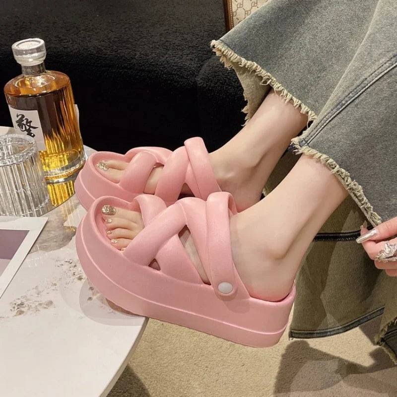 Slide Sandals: Heightened with Crossover for Women