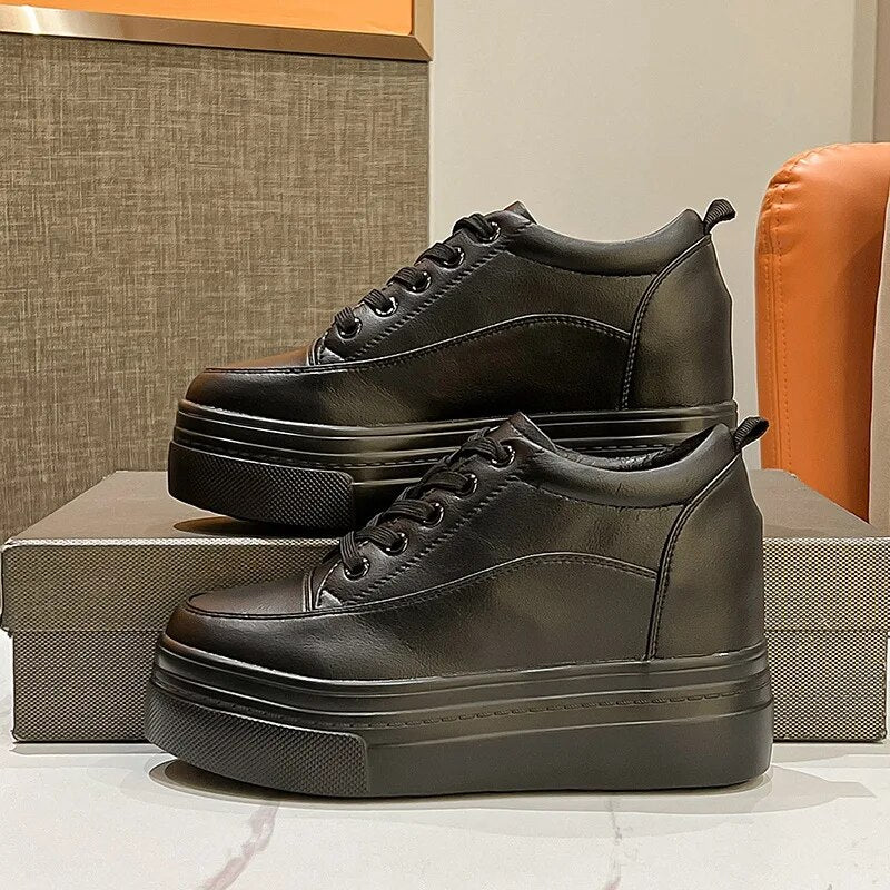 8cm Genuine Leather Women's Platform Sneakers