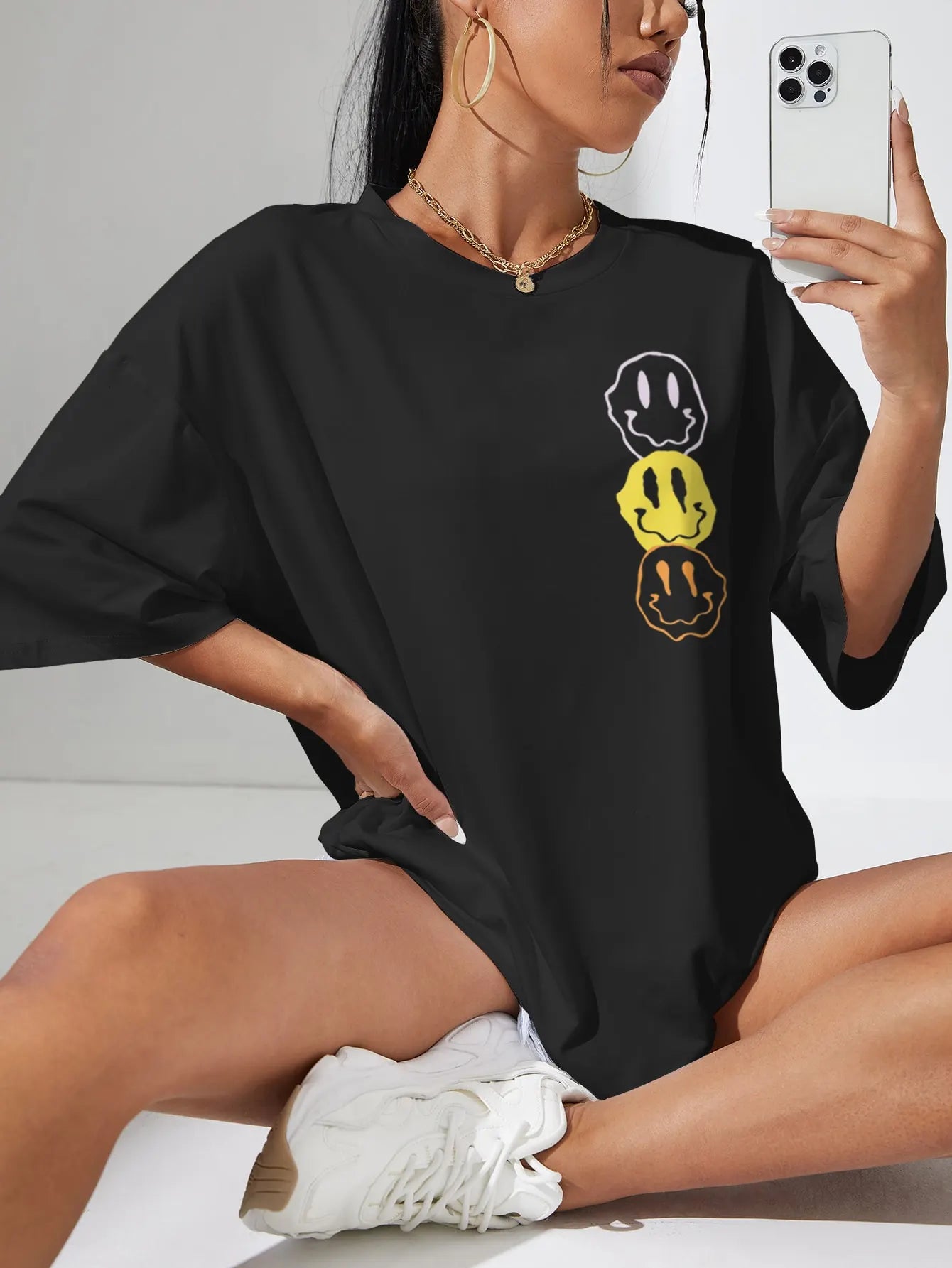 Oversized Graphic T Shirt - Unhappy Face Cotton Tee