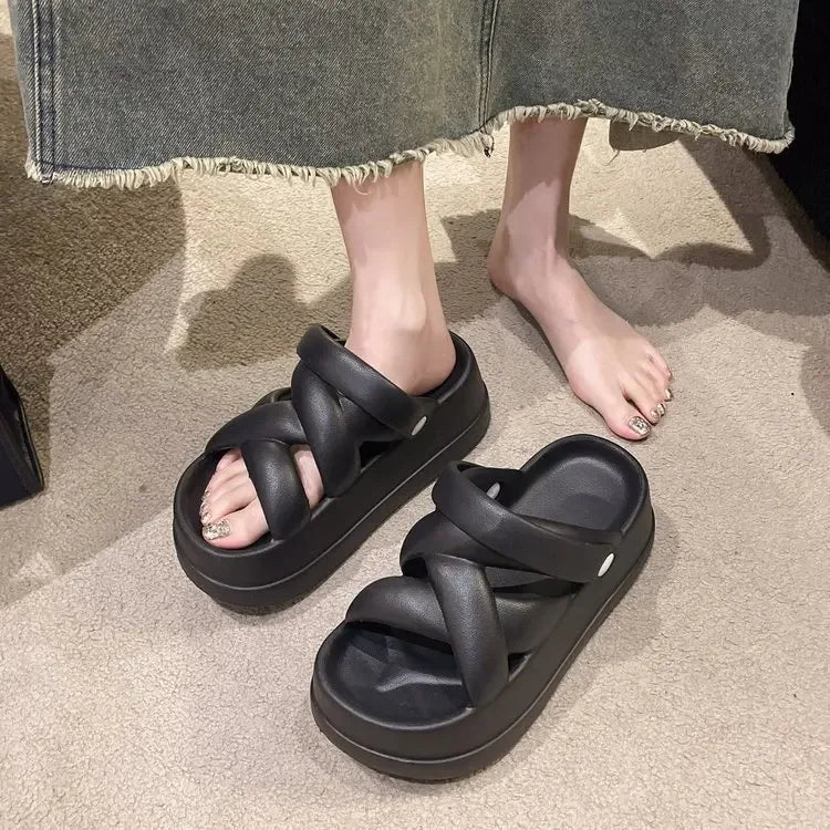 Slide Sandals: Heightened with Crossover for Women