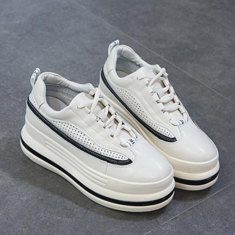7cm Leather Hollow Platform Wedge Sneakers for Women
