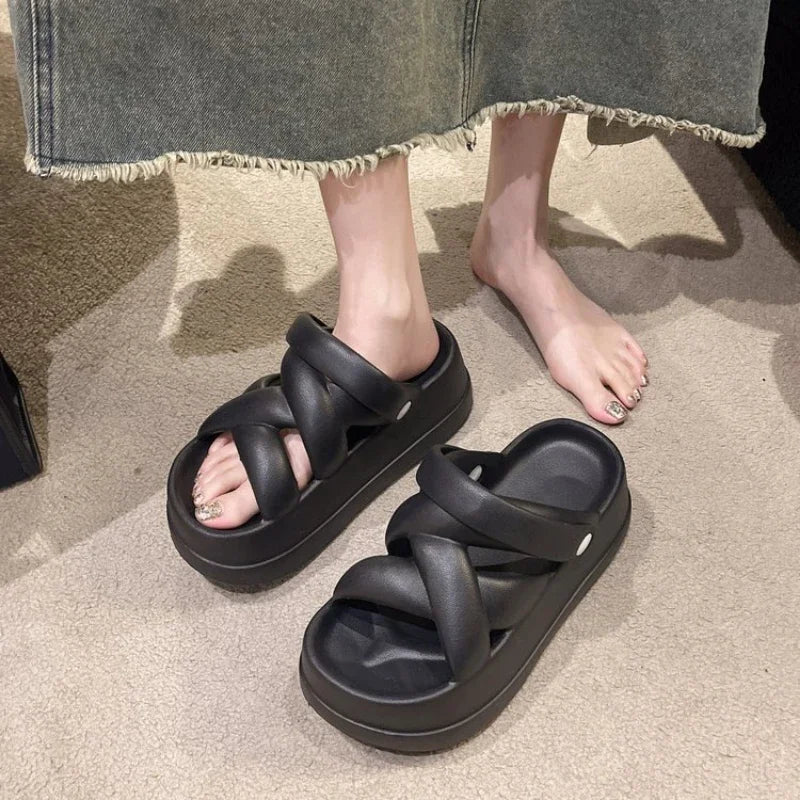 Slide Sandals: Heightened with Crossover for Women