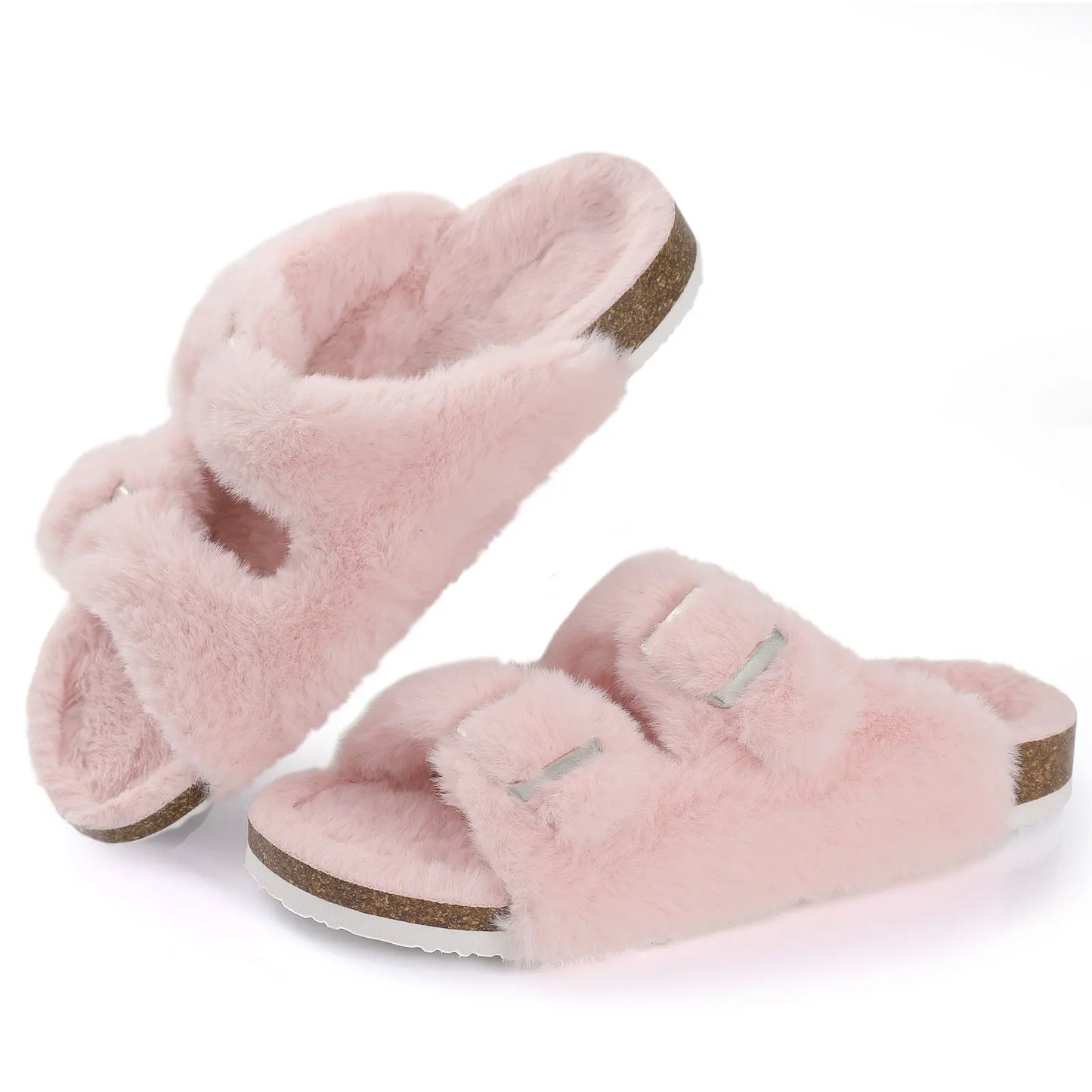 Cork Sole Slippers for Women with Furry Lining
