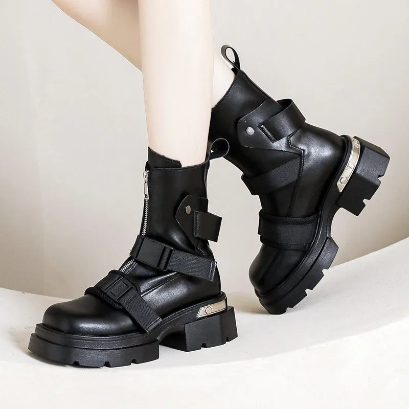 Chunky Platform Ankle Boots Trendy Belt Buckle Accent