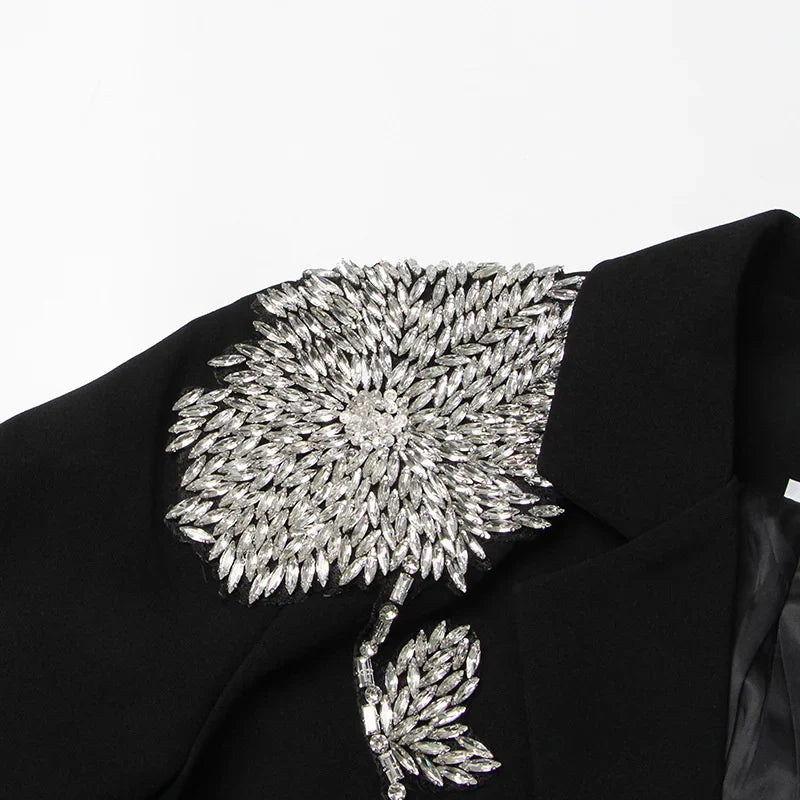 BLACK BLAZER with RHINESTONE FLOWER