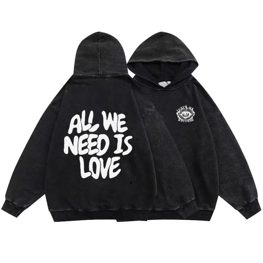 Washed Black Hoodie: Gothic Cotton Pullover Streetwear for Men and Women