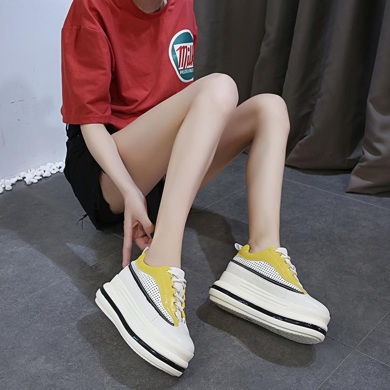 7cm Leather Hollow Platform Wedge Sneakers for Women