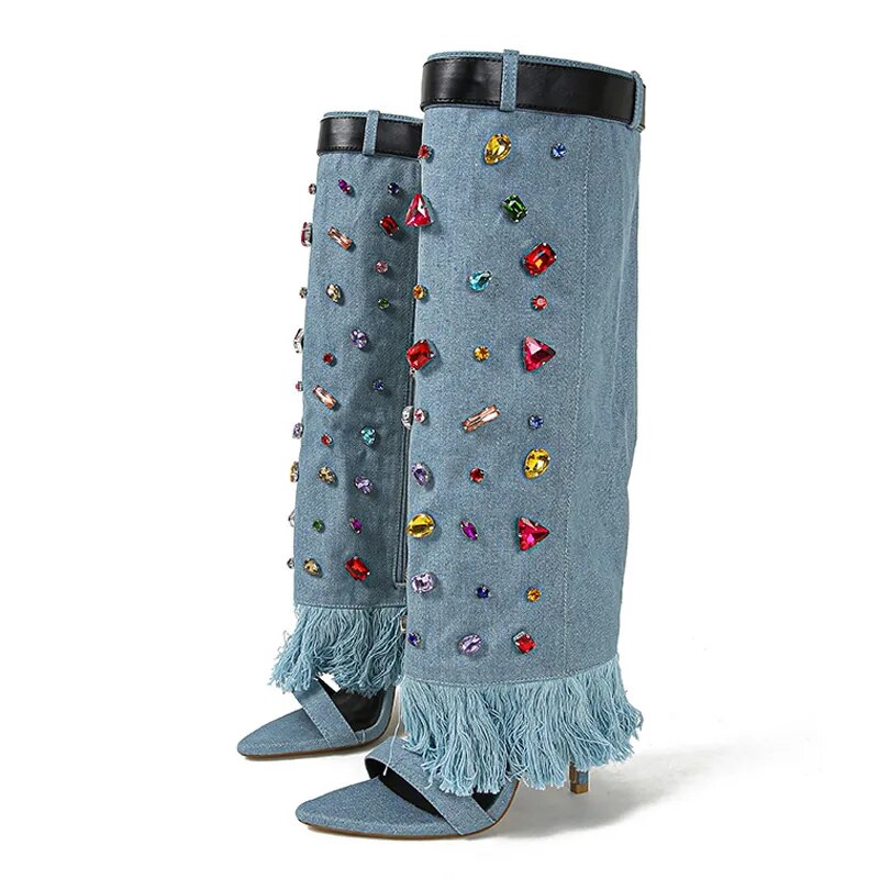 Denim Crystal Knee-High Stiletto Boots