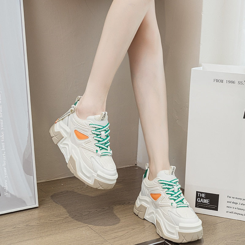 Women's 7cm Air Mesh Leather Chunky Platform Sneakers