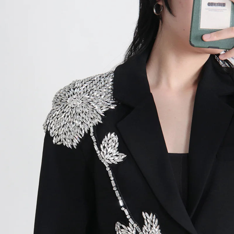 BLACK BLAZER with RHINESTONE FLOWER