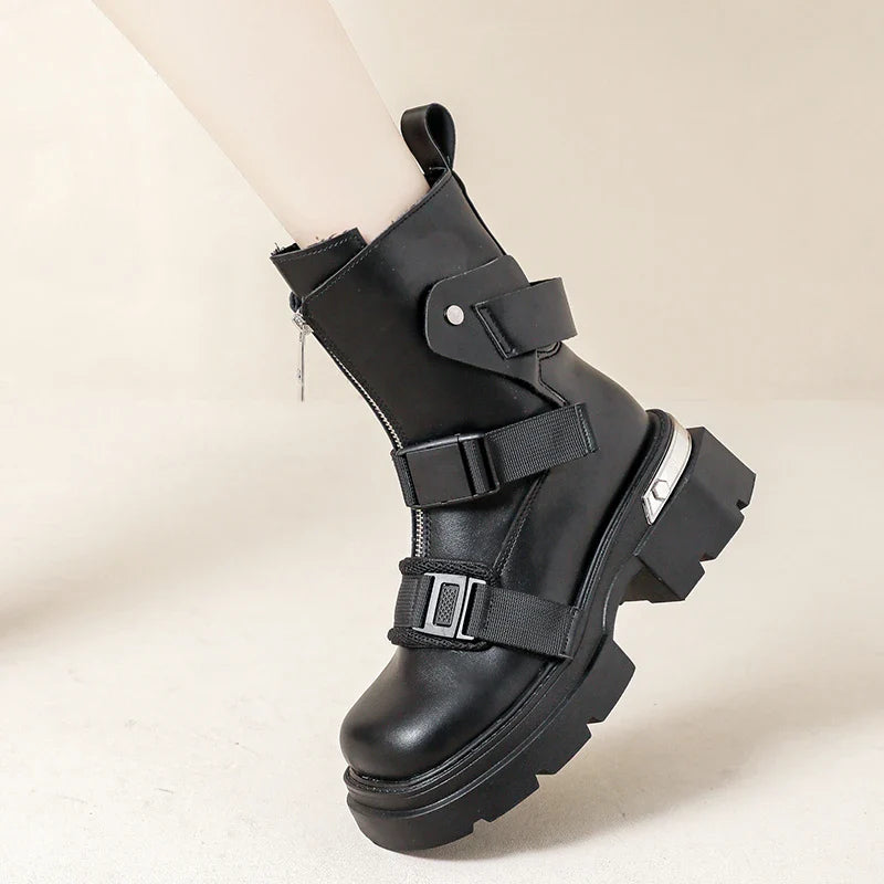 Chunky Platform Ankle Boots Trendy Belt Buckle Accent
