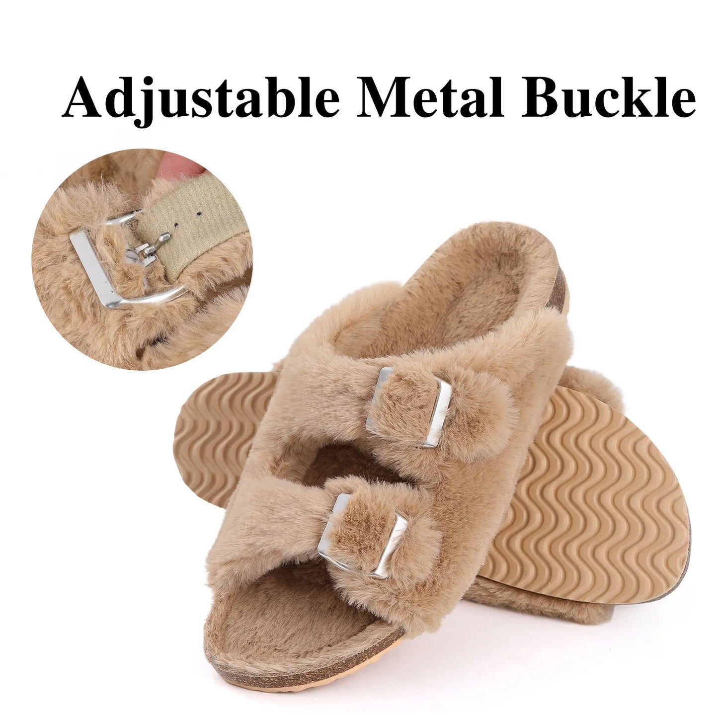 Cork Sole Slippers for Women with Furry Lining