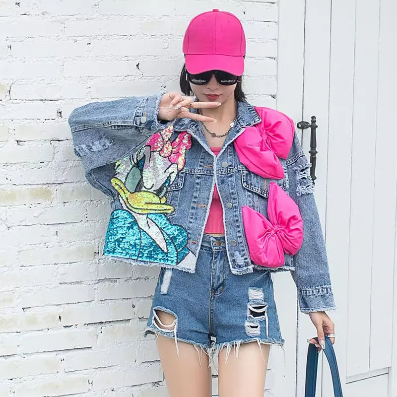 Short Jean Jacket with Cartoon Sequins for Teens
