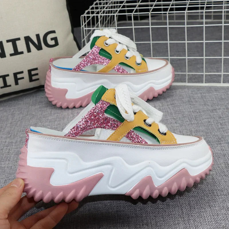 Leather Glitter Stride: 8cm Chunky Sneaker Sandals