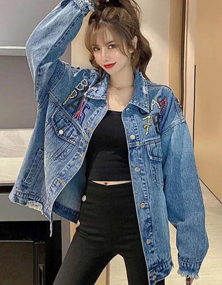 Whimsical Stitch: Women's Thin Embroidered Cartoon Jean Jacket