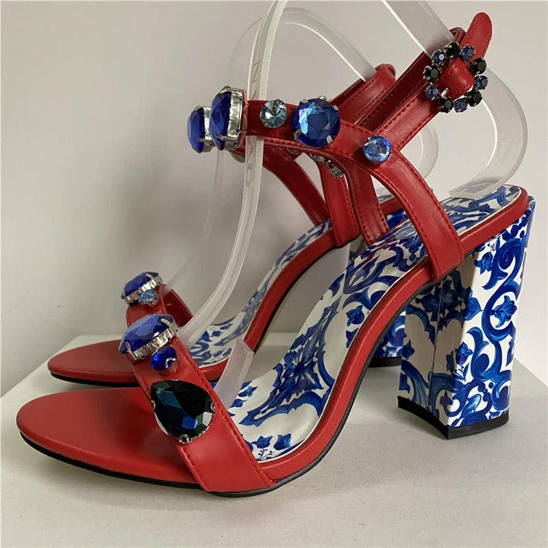 Blue Majolica-printed Ankle Strap Sandals Inspired by Dolce & Gabbana