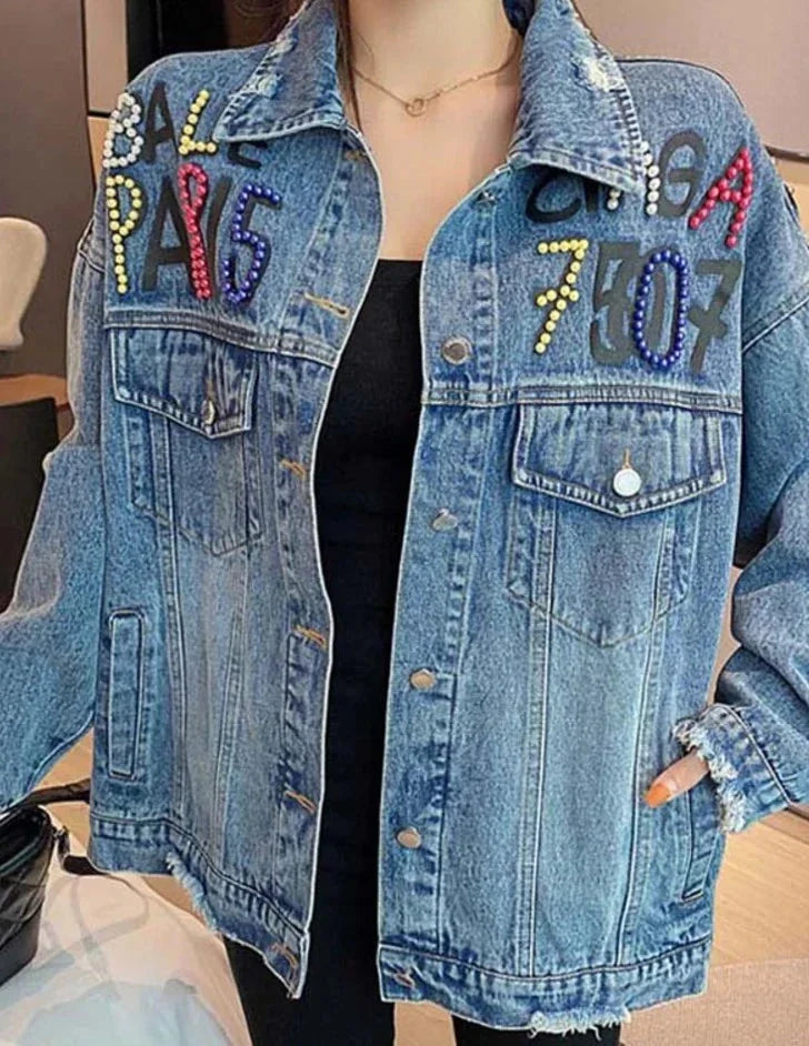 Whimsical Stitch: Women's Thin Embroidered Cartoon Jean Jacket