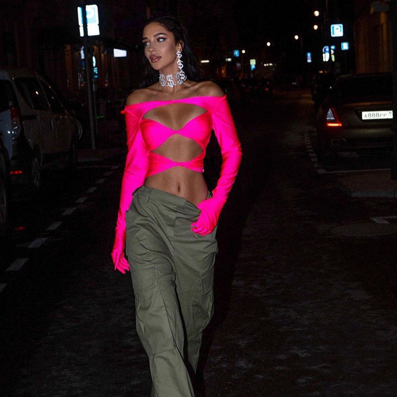ALLA HOLLOW OUT LONG SLEEVE TOP with GLOVES