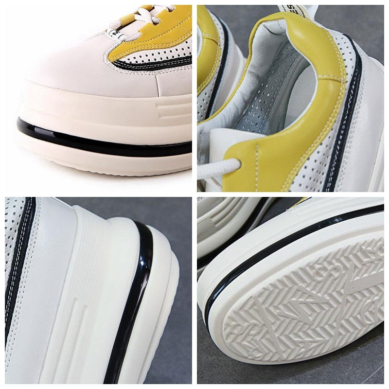 7cm Leather Hollow Platform Wedge Sneakers for Women