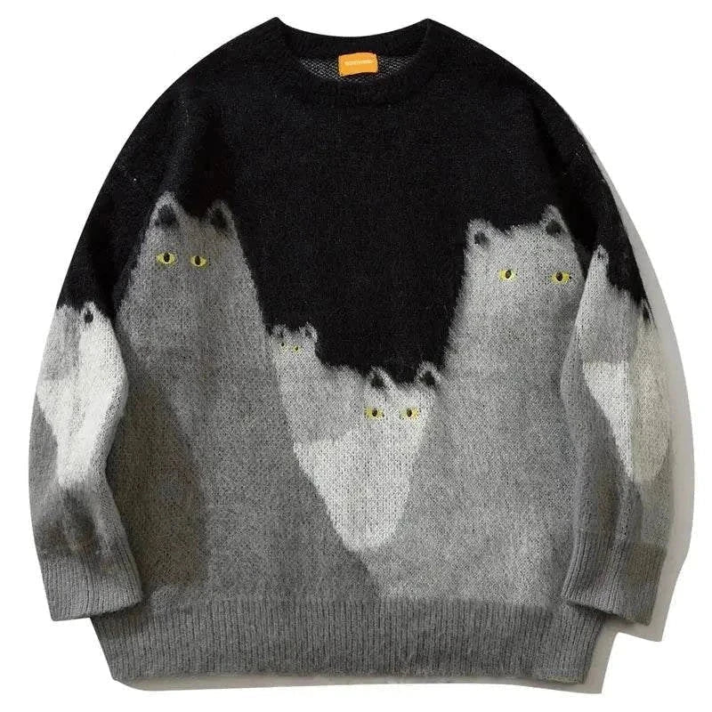 Men's Oversized Knitted Sweater with Cat Graphic
