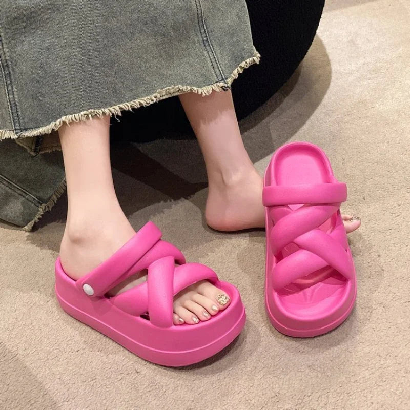 Slide Sandals: Heightened with Crossover for Women