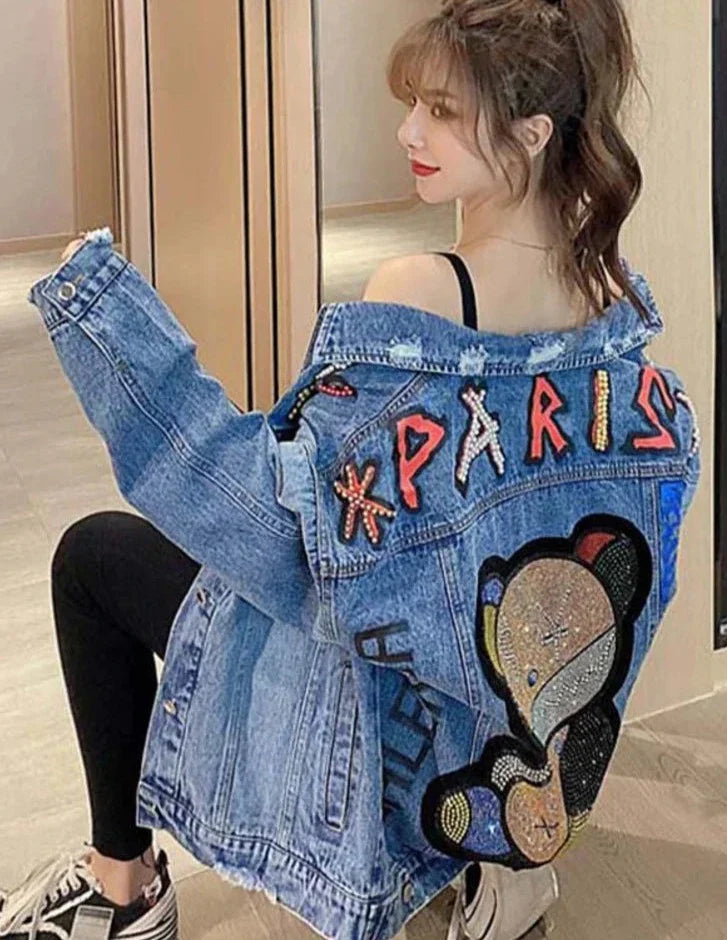 Whimsical Stitch: Women's Thin Embroidered Cartoon Jean Jacket