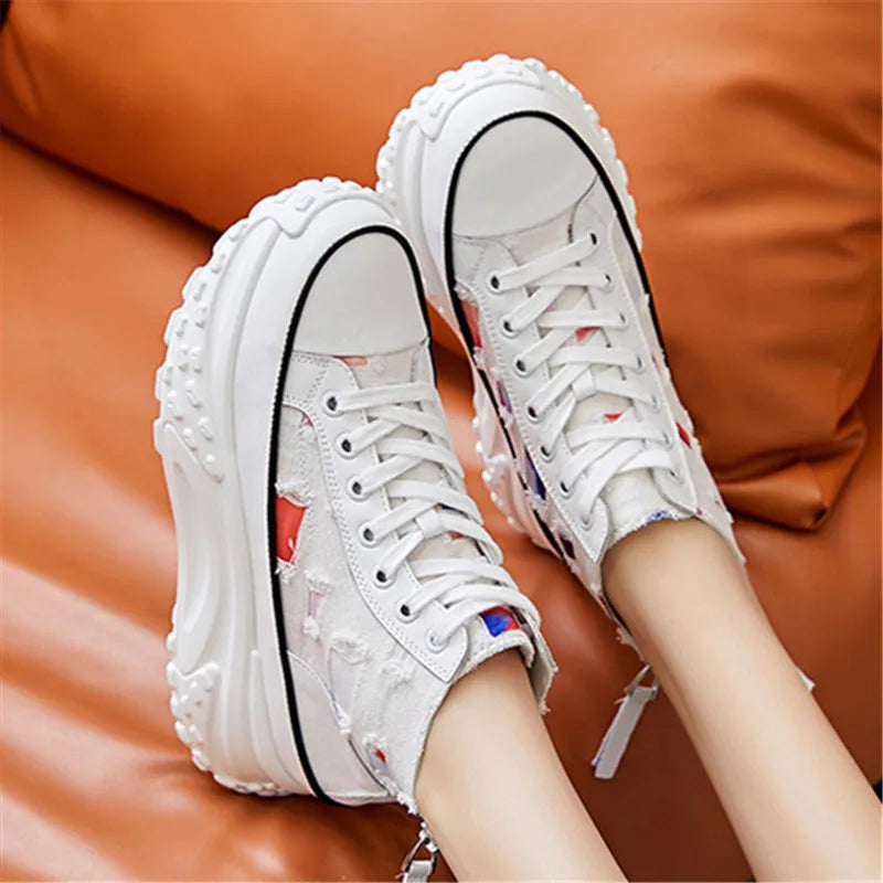 8cm Genuine Leather Chunky Platform Sneakers for Women