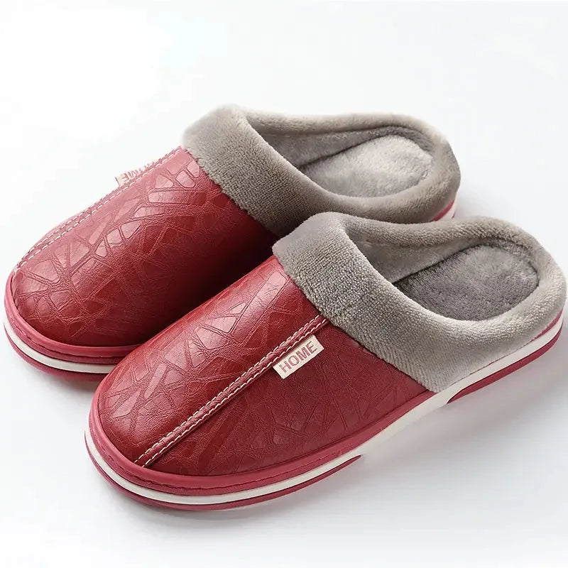 Unisex Waterproof Fur Slippers - Indoor PU Leather