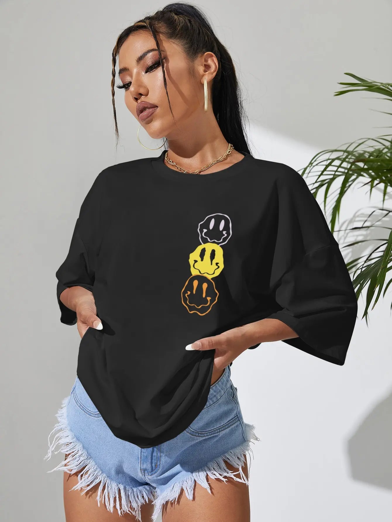 Oversized Graphic T Shirt - Unhappy Face Cotton Tee