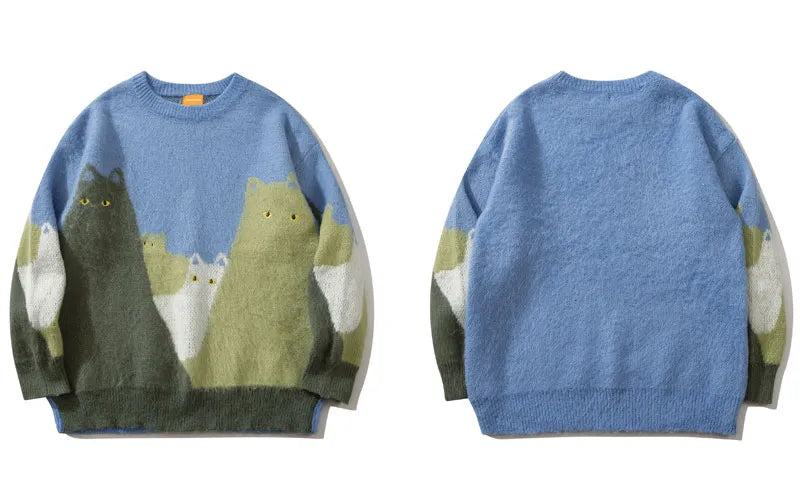 Men's Oversized Knitted Sweater with Cat Graphic