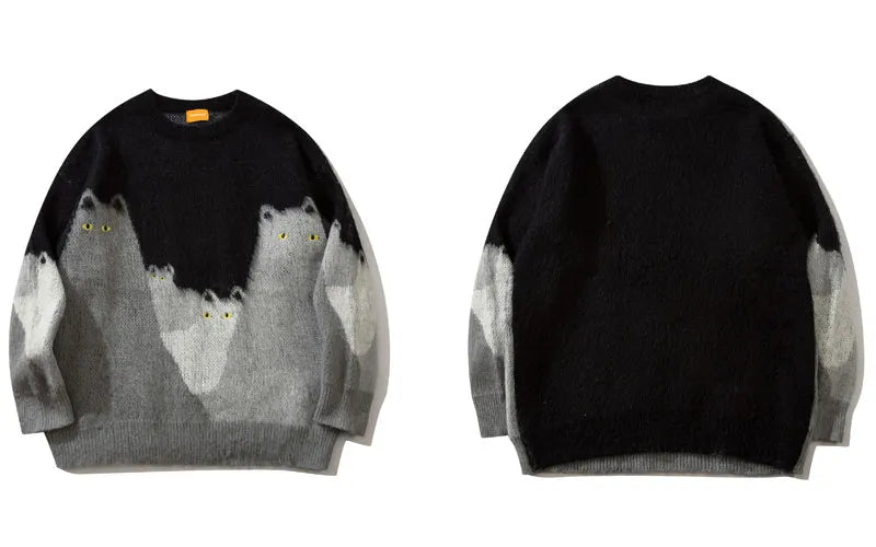 Men's Oversized Knitted Sweater with Cat Graphic