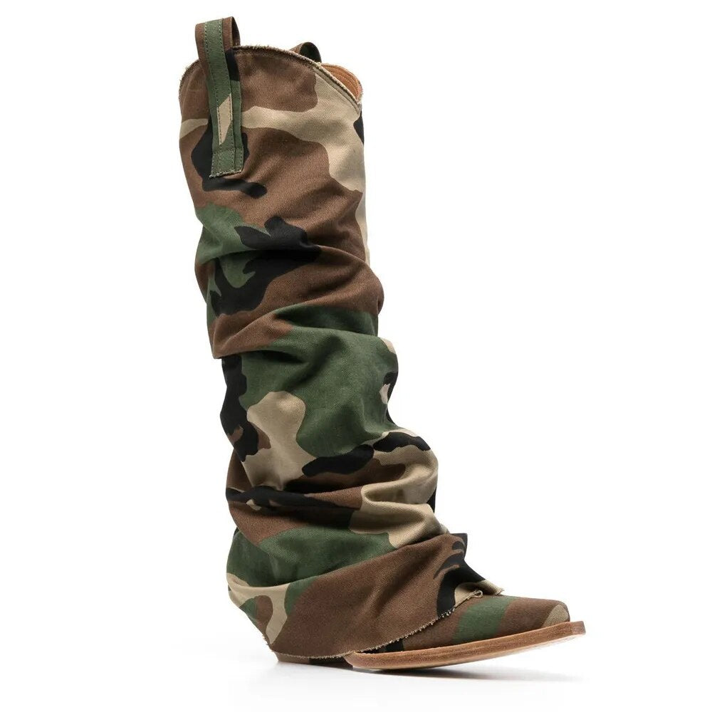 Steve Madden Inspired Denim Wedge-Soled Sleeve Knee Boots
