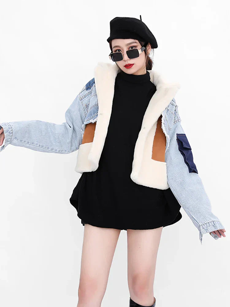 Chic Women's Wool Slim Patchwork Denim Jacket