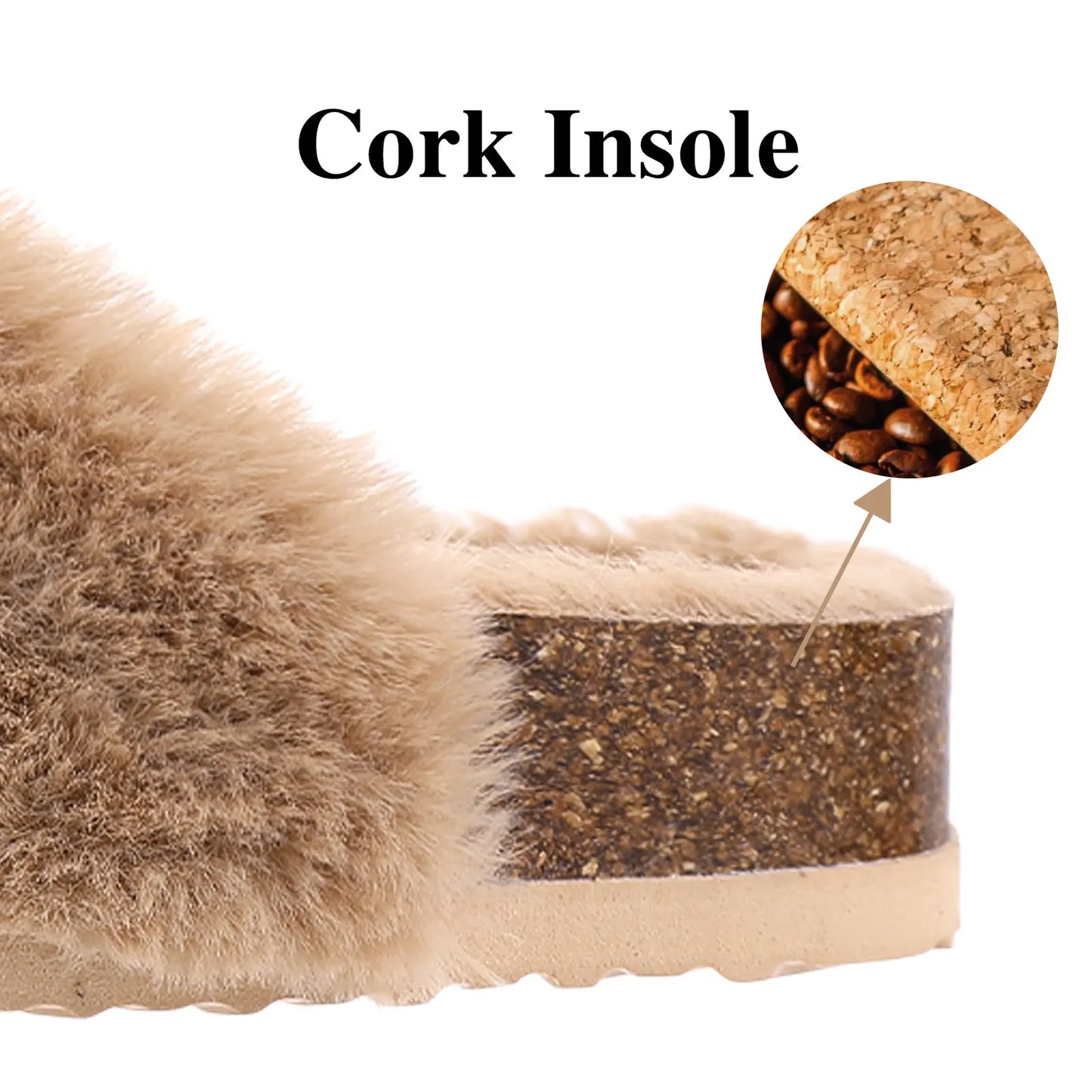 Cork Sole Slippers for Women with Furry Lining