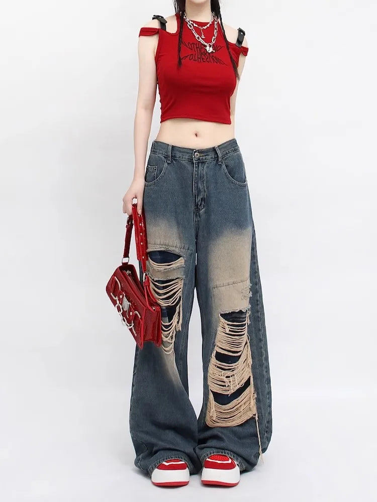 Mopping Style Wide Leg Baggy Jeans