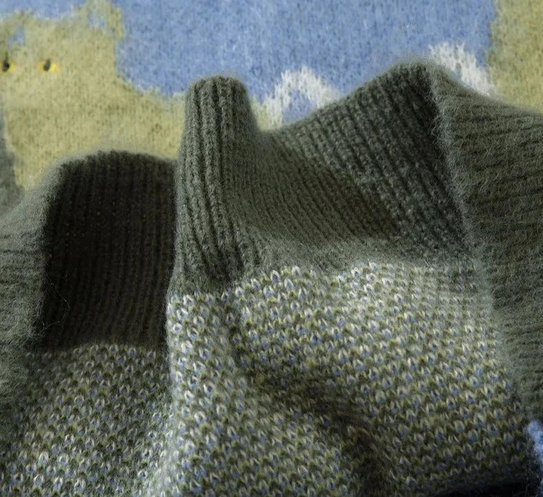 Men's Oversized Knitted Sweater with Cat Graphic