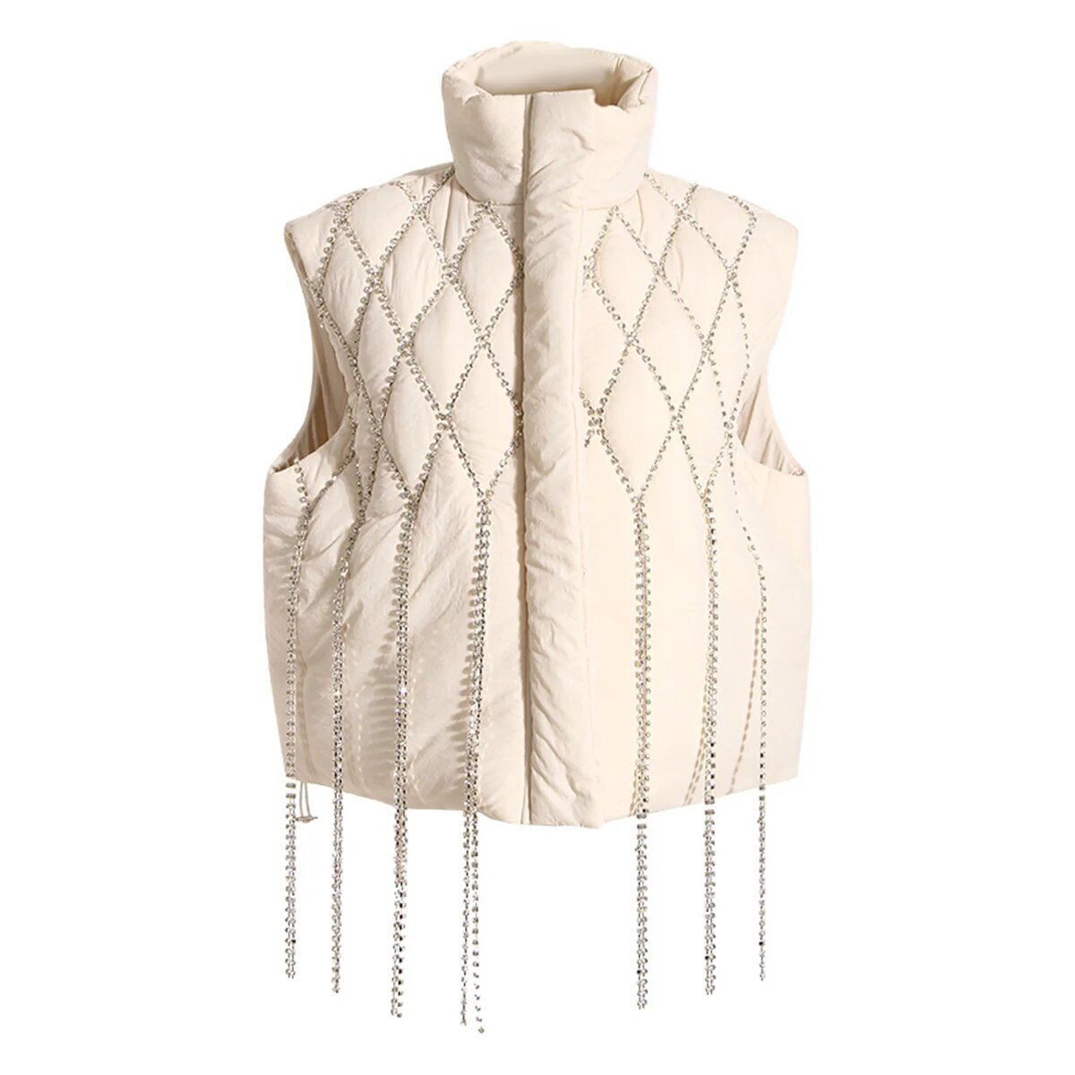 DEAT Fashion Women's Waistcoat Loose Stand Collar Single Breasted Sleeveless Plaid Diamonds Tassel Vest Winter 2023 New 1DF2572