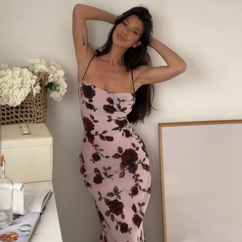 JAMI ROSE PRINT BACKLESS LACE UP MAXI DRESS