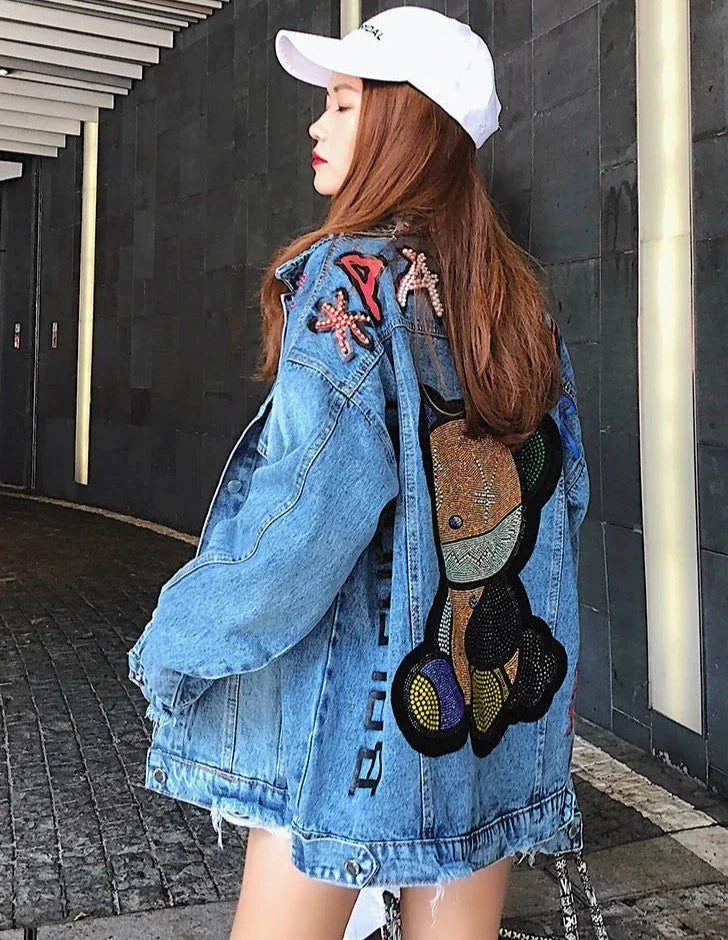 Whimsical Stitch: Women's Thin Embroidered Cartoon Jean Jacket