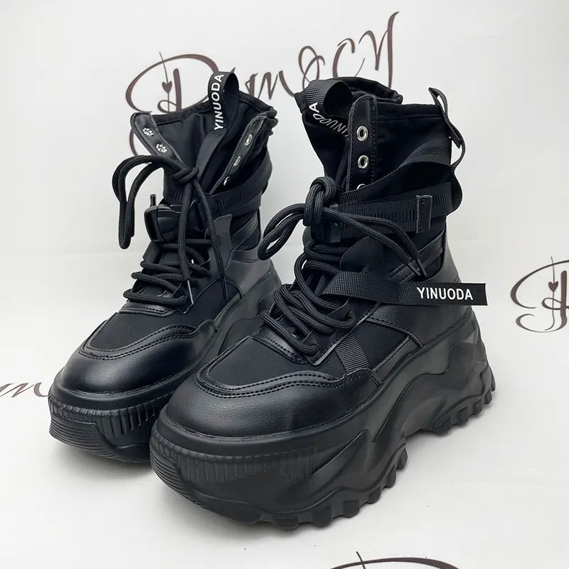 Motorcycle Lace-Up Platform Ankle Boots
