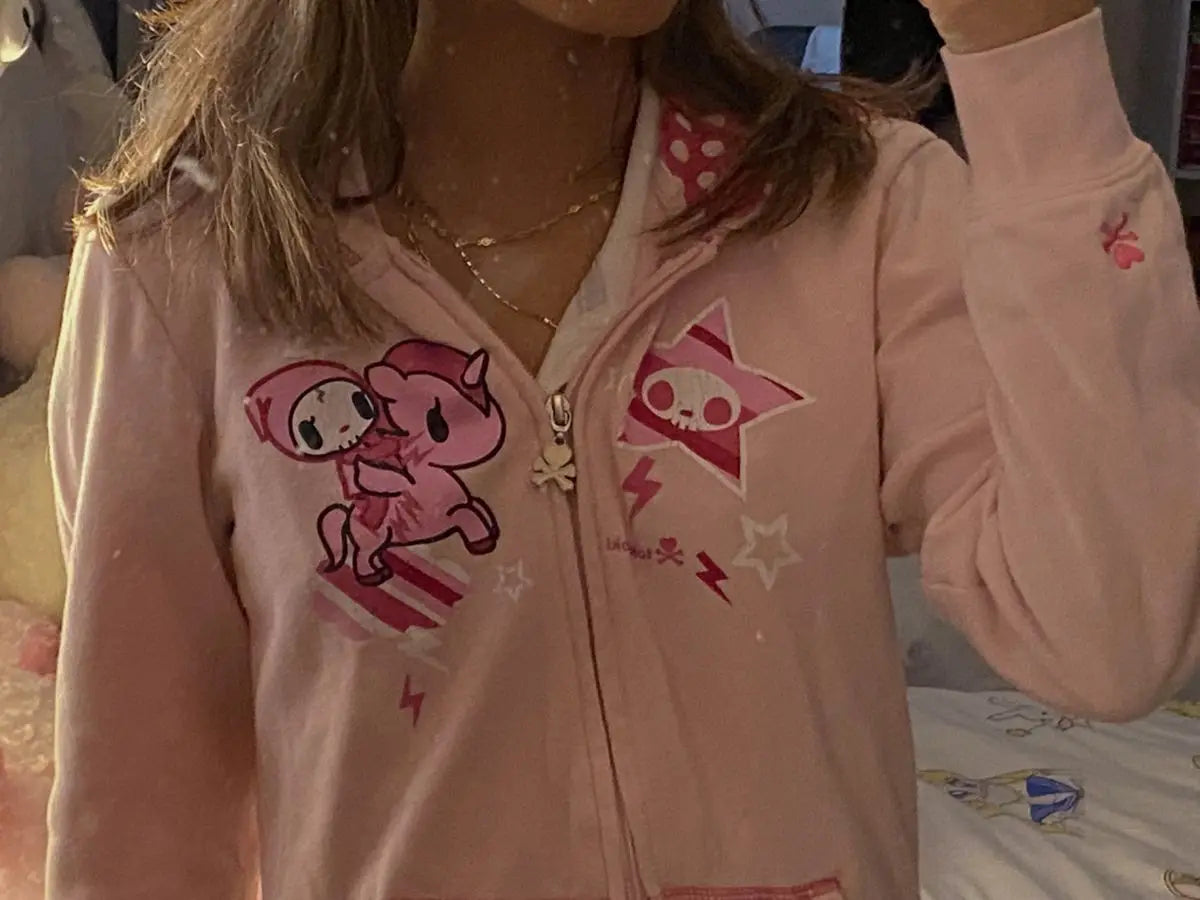 Personality Print Oversized Zip-Up Pink Hoodie
