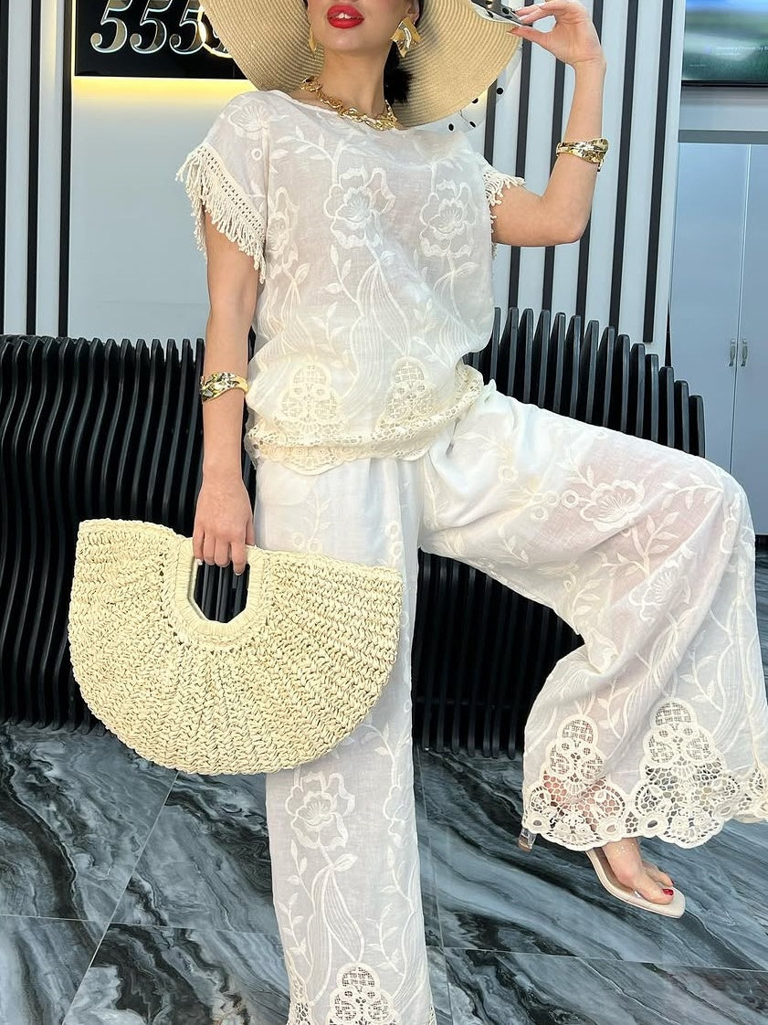 Lace Crew Neck Floral Pants