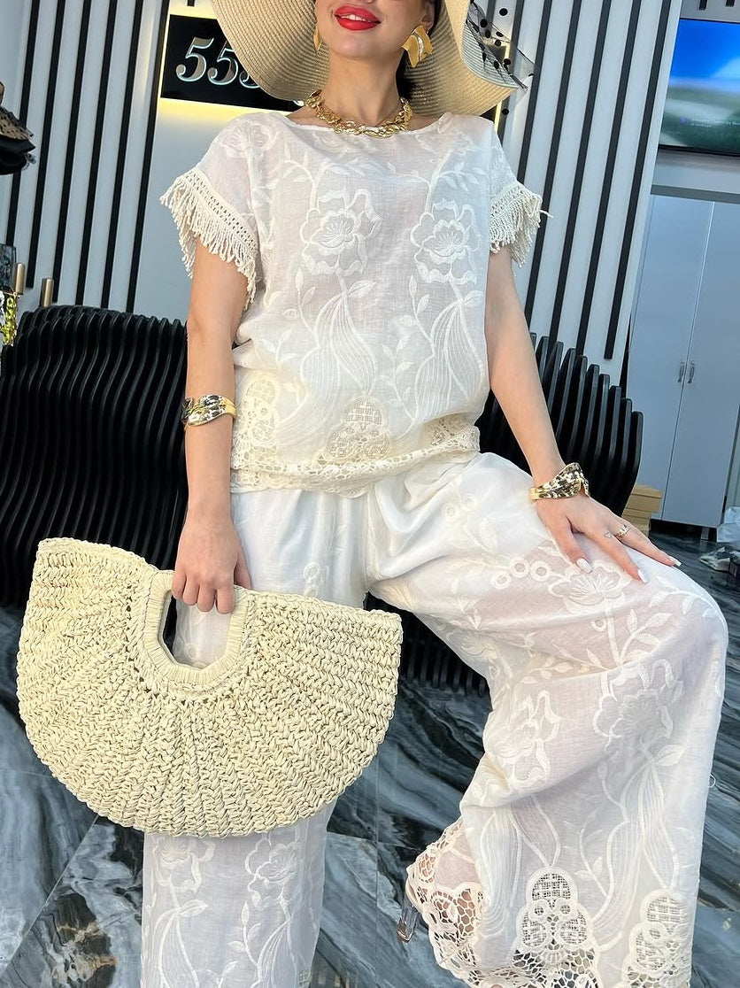 Lace Crew Neck Floral Pants